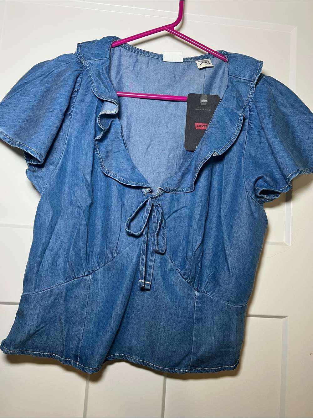 Levi's MYLENE BLOUSE slim fit crop Sz M blue jean corset crop top